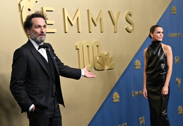 Matthew Rhys and Keri Russell arrive for the 78th annual Primetime Emmy Awards at the Peacock Theater in Los Angeles on Monday, September 14, 2026.  LAP20260914658 CHRISxCHEW