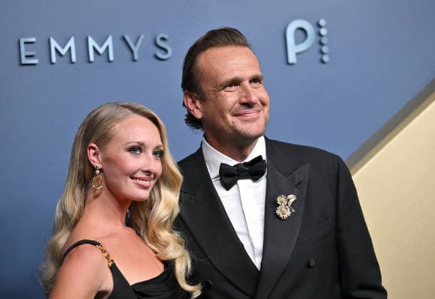 Kayla Radomski and Jason Segel arrive for the 78th annual Primetime Emmy Awards at the Peacock Theater in Los Angeles on Monday, September 14, 2026.  LAP20260914674 CHRISxCHEW