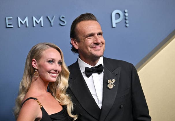 Kayla Radomski and Jason Segel arrive for the 78th annual Primetime Emmy Awards at the Peacock Theater in Los Angeles on Monday, September 14, 2026.  LAP20260914675 CHRISxCHEW