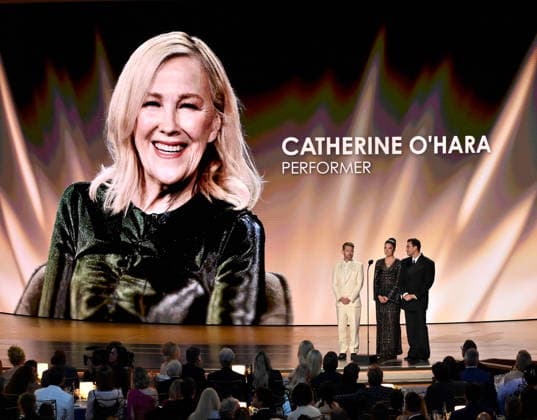 Macaulay Culkin, Annie Murphy and Dan Levy speak on stage during the 78th annual Primetime Emmy Awards at the Peacock Theater in Los Angeles on Monday, September 14, 2026.  LAP20260914168 JIMxRUYMEN