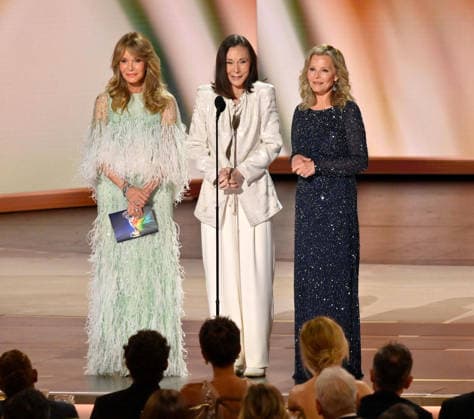 (L-R) Jaclyn Smith, Kate Jackson and Cheryl Ladd speak on stage during the 78th annual Primetime Emmy Awards at the Peacock Theater in Los Angeles on Monday, September 14, 2026.  LAP20260914173 JIMxRUYMEN