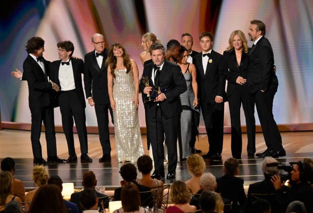 Cast and crew including Jason Bateman, Richard Jenkins, Linda Cardellini, Joy Sunday, Jennifer Scher, Arlan Ruf, Steven Conrad and David Harbour accept the Outstanding Limited or Anthology Series Award for DTF St. Louis on stage during the 78th annual Primetime Emmy Awards at the Peacock Theater in Los Angeles on Monday, September 14, 2026.  LAP20260914170 JIMxRUYMEN