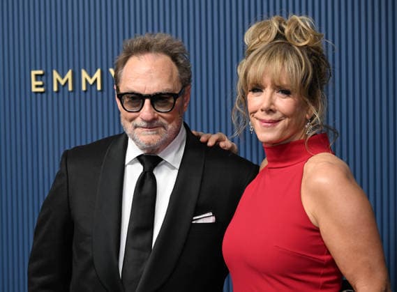 Steven Root and Cheryl Hines arrive for the 78th annual Primetime Emmy Awards at the Peacock Theater in Los Angeles on Monday, September 14, 2026.  LAP20260914841 JohnxMcCoy