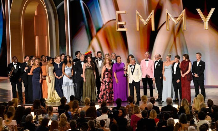 Taylor Dearden, Michael Hissrich, Terri Murphy, Simran Baidwan, Sepideh Moafi, Ned Haspel, R. Scott Gemmill, Erin Jontow, Joe Sachs, Katherine LaNasa and Gerran Howell accept the Outstanding Drama Series Award for The Pitt on stage during the 78th annual Primetime Emmy Awards at the Peacock Theater in Los Angeles on Monday, September 14, 2026. LAP20260914190 JIMxRUYMEN