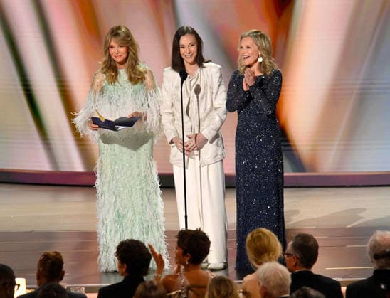 Jaclyn Smith, Kate Jackson and Cheryl Ladd speak on stage during the 78th annual Primetime Emmy Awards at the Peacock Theater in Los Angeles on Monday, September 14, 2026.  LAP20260914192 JIMxRUYMEN