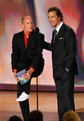 (L-R) Woody Harrelson and Matthew McConaughey speak on stage during the 78th annual Primetime Emmy Awards at the Peacock Theater in Los Angeles on Monday, September 14, 2026.  LAP20260914194 JIMxRUYMEN
