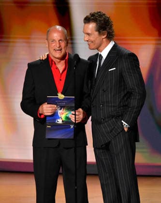 (L-R) Woody Harrelson and Matthew McConaughey speak on stage during the 78th annual Primetime Emmy Awards at the Peacock Theater in Los Angeles on Monday, September 14, 2026.  LAP20260914195 JIMxRUYMEN