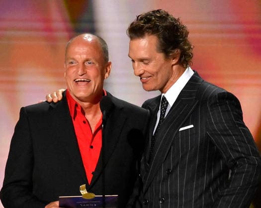 (L-R) Woody Harrelson and Matthew McConaughey speak on stage during the 78th annual Primetime Emmy Awards at the Peacock Theater in Los Angeles on Monday, September 14, 2026.  LAP20260914196 JIMxRUYMEN