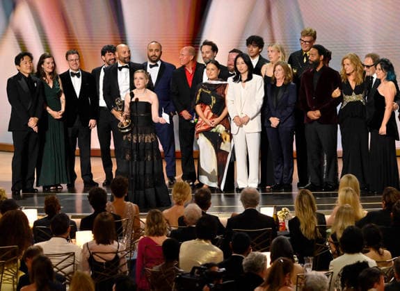 Cast and crew including Colton Dunn, presenter Woody Harrelson, Katie Dippold, Matthew Rhys, Carver Karaszewski, Neil Casey, Kingston Rumi Southwick, Jeff Hiller and Kevin Carroll, accept the Outstanding Comedy Series Award for Widow s Bay on stage during the 78th annual Primetime Emmy Awards at the Peacock Theater in Los Angeles on Monday, September 14, 2026. LAP20260914204 JIMxRUYMEN