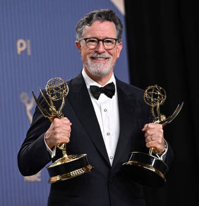 Stephen Colbert holds the Emmy for Outstanding Variety Series Award for The Late Show with Stephen Colbert, backstage during the 78th annual Primetime Emmy Awards at the Peacock Theater in Los Angeles on Monday, September 14, 2026.  LAP202609149071 CHRISxCHEW