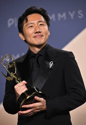 Hiro Murai holds the Emmy for Outstanding Directing for a Comedy Series Award for Widow s Bay, backstage during the 78th annual Primetime Emmy Awards at the Peacock Theater in Los Angeles on Monday, September 14, 2026.  LAP20260914208 CHRISxCHEW