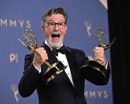 Stephen Colbert, holds the Emmy for Outstanding Variety Series Award for The Late Show with Stephen Colbert, backstage during the 78th annual Primetime Emmy Awards at the Peacock Theater in Los Angeles on Monday, September 14, 2026.  LAP20260914211 CHRISxCHEW