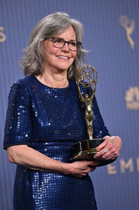 Sally Field holds the Emmy for Outstanding Lead Actress in a Limited or Anthology Series or Movie Award for Remarkably Bright Creatures, backstage during the 78th annual Primetime Emmy Awards at the Peacock Theater in Los Angeles on Monday, September 14, 2026.  LAP20260914214 CHRISxCHEW