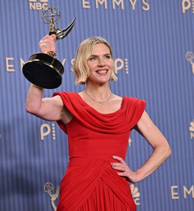 Rhea Seehorn holds the Emmy for Outstanding Lead Actress in a Drama Series for Pluribus, backstage during the 78th annual Primetime Emmy Awards at the Peacock Theater in Los Angeles on Monday, September 14, 2026.  LAP20260914221 CHRISxCHEW