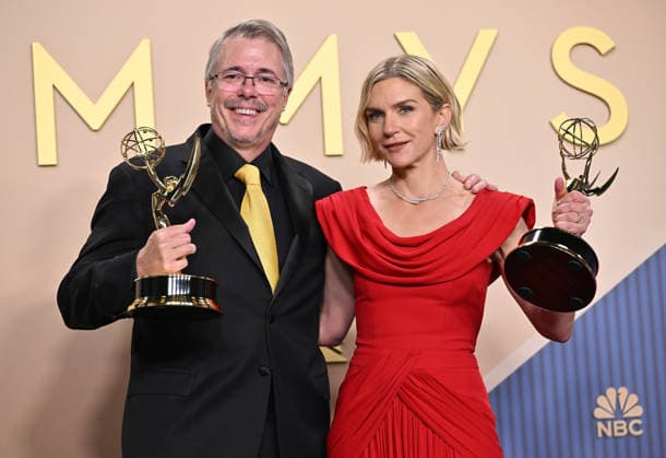 (L-R) Vince Gilligan holds the Emmy for Outstanding Writing for a Drama Series for Pluribus, and Rhea Seehorn holds the Emmy for Outstanding Lead Actress in a Drama Series for Pluribus, backstage during the 78th annual Primetime Emmy Awards at the Peacock Theater in Los Angeles on Monday, September 14, 2026.  LAP20260914222 CHRISxCHEW