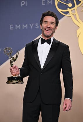 Tom Pelphrey holds the Emmy for Outstanding Supporting Actor in a Drama Series for Task, backstage during the 78th annual Primetime Emmy Awards at the Peacock Theater in Los Angeles on Monday, September 14, 2026.  LAP20260914225 CHRISxCHEW