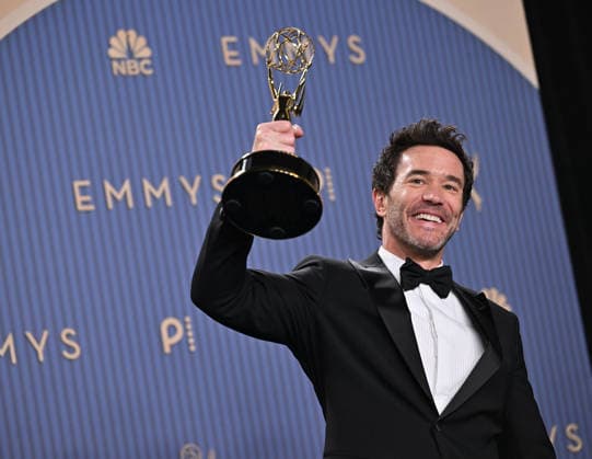 Tom Pelphrey holds the Emmy for Outstanding Supporting Actor in a Drama Series for Task, backstage during the 78th annual Primetime Emmy Awards at the Peacock Theater in Los Angeles on Monday, September 14, 2026.  LAP20260914227 CHRISxCHEW