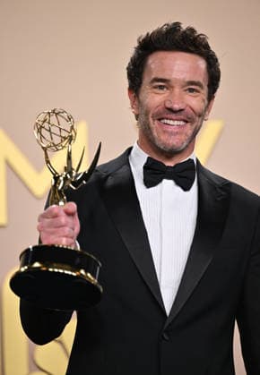 Tom Pelphrey holds the Emmy for Outstanding Supporting Actor in a Drama Series for Task, backstage during the 78th annual Primetime Emmy Awards at the Peacock Theater in Los Angeles on Monday, September 14, 2026.  LAP20260914226 CHRISxCHEW