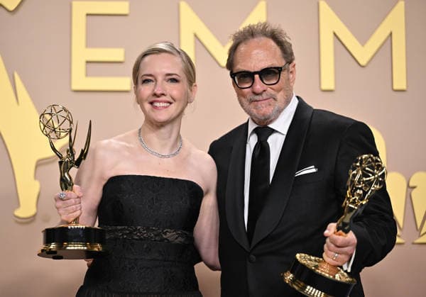 (L-R) Katie Dippold holds the Emmy for Outstanding Writing for a Comedy Series for Widow s Bay and Stephen Root holds the Emmy for Outstanding Supporting Actor in a Comedy Series for Widow s Bay, backstage during the 78th annual Primetime Emmy Awards at the Peacock Theater in Los Angeles on Monday, September 14, 2026.  LAP20260914240 CHRISxCHEW