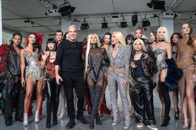 September 14, 2026, Bronx, New York, USA: Models, David Blond, Paris Hilton, Phillipe Blond walk runway for The Blonds 20th Anniversary by David and Phillipe Blond presented by Motorola Razr Spring Summer 27 fashion show during SS27 FW at Lavan in New York, NY on September 15, 2026. Bronx USA  - ZUMAr339 20260914_znp_r339_153 Copyright: xLevxRadinx