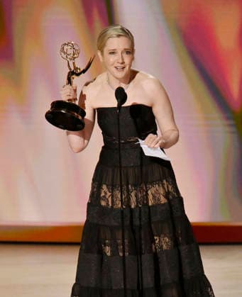 Katie Dippold accepts the Outstanding Writing for a Comedy Series Award for Widow s Bay on stage during the 78th annual Primetime Emmy Awards at the Peacock Theater in Los Angeles on Monday, September 14, 2026.  LAP20260914918 JIMxRUYMEN