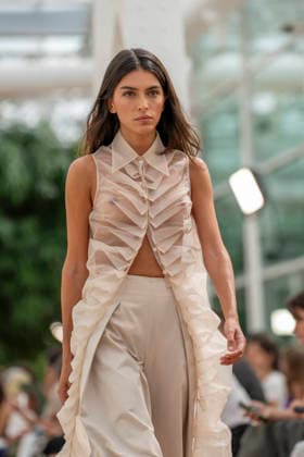 Model Lucia Rivera walks the runway wearing a creation by Simorra during the presentation of the FOLD IN collection for spring-summer 2027, part of Mercedes-Benz Fashion Week Madrid. Rivera, daughter of Blanca Romero and Cayetano Rivera, shared the runway with her mother, who returned to modelling after a five-year absence. September 14,2026. (202609141515)