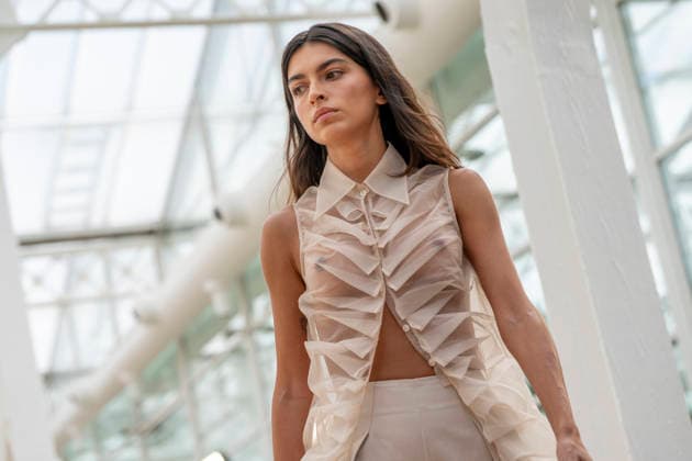 Model Lucia Rivera walks the runway wearing a creation by Simorra during the presentation of the FOLD IN collection for spring-summer 2027, part of Mercedes-Benz Fashion Week Madrid. Rivera, daughter of Blanca Romero and Cayetano Rivera, shared the runway with her mother, who returned to modelling after a five-year absence. September 14,2026. (202609141520)