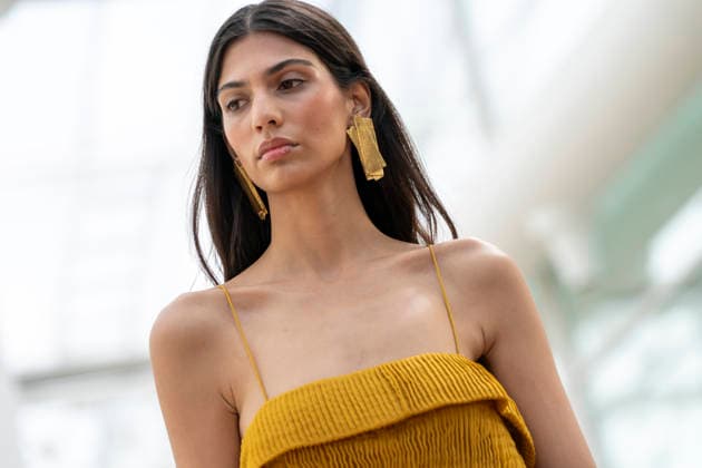 Detail of a pair of earrings from Simorra s FOLD IN collection for spring-summer 2027, presented during Mercedes-Benz Fashion Week Madrid. September 14,2026. (202609141448)