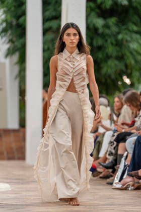 Model Lucia Rivera walks the runway wearing a creation by Simorra during the presentation of the FOLD IN collection for spring-summer 2027, part of Mercedes-Benz Fashion Week Madrid. Rivera, daughter of Blanca Romero and Cayetano Rivera, shared the runway with her mother, who returned to modelling after a five-year absence. September 14,2026. (202609141507)