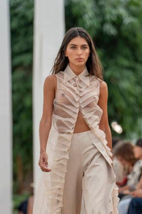 Model Lucia Rivera walks the runway wearing a creation by Simorra during the presentation of the FOLD IN collection for spring-summer 2027, part of Mercedes-Benz Fashion Week Madrid. Rivera, daughter of Blanca Romero and Cayetano Rivera, shared the runway with her mother, who returned to modelling after a five-year absence. September 14,2026. (202609141511)