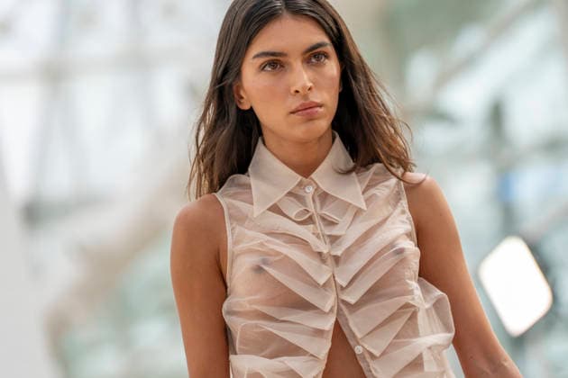 Model Lucia Rivera walks the runway wearing a creation by Simorra during the presentation of the FOLD IN collection for spring-summer 2027, part of Mercedes-Benz Fashion Week Madrid. Rivera, daughter of Blanca Romero and Cayetano Rivera, shared the runway with her mother, who returned to modelling after a five-year absence. September 14,2026. (202609141517)