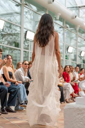 Model Lucia Rivera walks the runway wearing a creation by Simorra during the presentation of the FOLD IN collection for spring-summer 2027, part of Mercedes-Benz Fashion Week Madrid. Rivera, daughter of Blanca Romero and Cayetano Rivera, shared the runway with her mother, who returned to modelling after a five-year absence. September 14,2026. (202609141527)