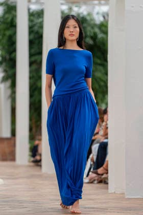Models present creations from Simorra s FOLD IN collection for spring-summer 2027 during Mercedes-Benz Fashion Week Madrid. The Barcelona-based label, founded in 1978 by Javier Simorra, explores shapes, curves and the fold as a central element in this collection, with garments that adapt to the body and celebrate a beauty that resists rigidity. September 14,2026. (202609141381)