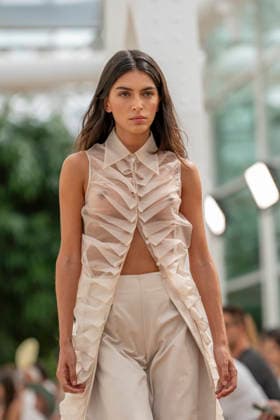 Model Lucia Rivera walks the runway wearing a creation by Simorra during the presentation of the FOLD IN collection for spring-summer 2027, part of Mercedes-Benz Fashion Week Madrid. Rivera, daughter of Blanca Romero and Cayetano Rivera, shared the runway with her mother, who returned to modelling after a five-year absence. September 14,2026. (202609141513)
