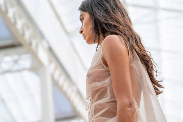Model Lucia Rivera walks the runway wearing a creation by Simorra during the presentation of the FOLD IN collection for spring-summer 2027, part of Mercedes-Benz Fashion Week Madrid. Rivera, daughter of Blanca Romero and Cayetano Rivera, shared the runway with her mother, who returned to modelling after a five-year absence. September 14,2026. (202609141524)