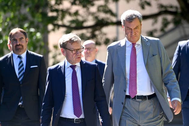 Markus SOEDER, Minister-President of Bavaria and Chairman of the CSU, Johann Wadephul, Federal Minister of Foreign Affairs, and Florian HAHN at a press conference following a meeting of the Council of Ministers at the Prinz Carl Palais in Munich on September 15, 2026