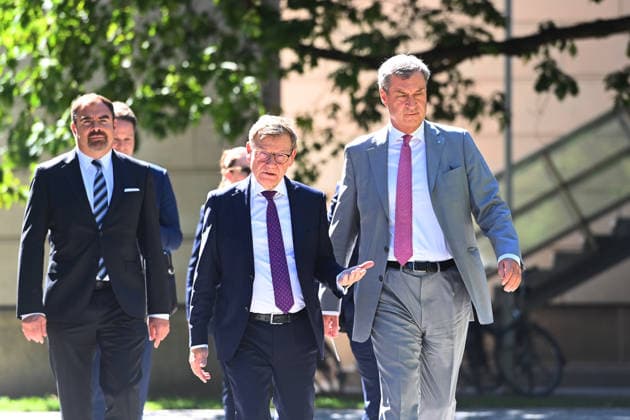 Markus SOEDER, Minister-President of Bavaria and CSU Chairman, Johann Wadephul, Federal Minister of Foreign Affairs, and Florian HAHN at a press conference following a meeting of the Council of Ministers at the Prinz Carl Palais in Munich on September 15, 2026