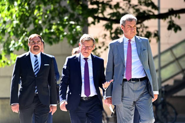 Markus SOEDER, Minister-President of Bavaria and CSU Chairman, Johann Wadephul, Federal Minister of Foreign Affairs, and Florian HAHN at a press conference following a meeting of the Council of Ministers at the Prinz Carl Palais in Munich on September 15, 2026