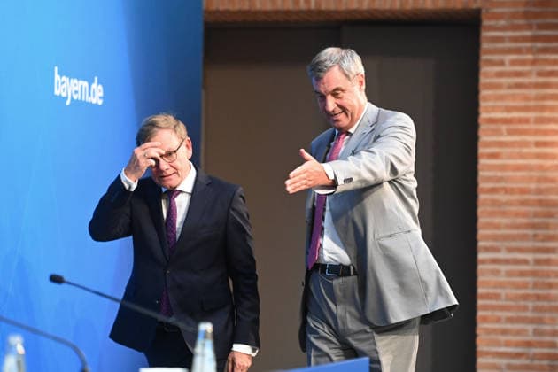 Markus SOEDER, Minister-President of Bavaria and CSU Chairman, and Johann Wadephul, Federal Minister of Foreign Affairs, at a press conference following a meeting of the Council of Ministers at the Prinz Carl Palais in Munich on September 15, 2026