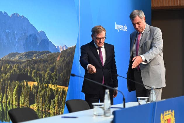 Markus SOEDER, Minister-President of Bavaria and CSU Chairman, and Johann Wadephul, Federal Minister of Foreign Affairs, at a press conference following a meeting of the Council of Ministers at the Prinz Carl Palais in Munich on September 15, 2026