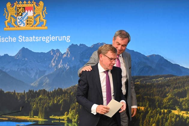 Markus SOEDER, Minister-President of Bavaria and CSU Chairman, and Johann Wadephul, Federal Minister of Foreign Affairs, at a press conference following a meeting of the Council of Ministers at the Prinz Carl Palais in Munich on September 15, 2026
