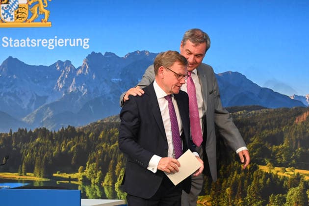 Markus SOEDER, Minister-President of Bavaria and CSU Chairman, and Johann Wadephul, Federal Minister of Foreign Affairs, at a press conference following a meeting of the Council of Ministers at the Prinz Carl Palais in Munich on September 15, 2026