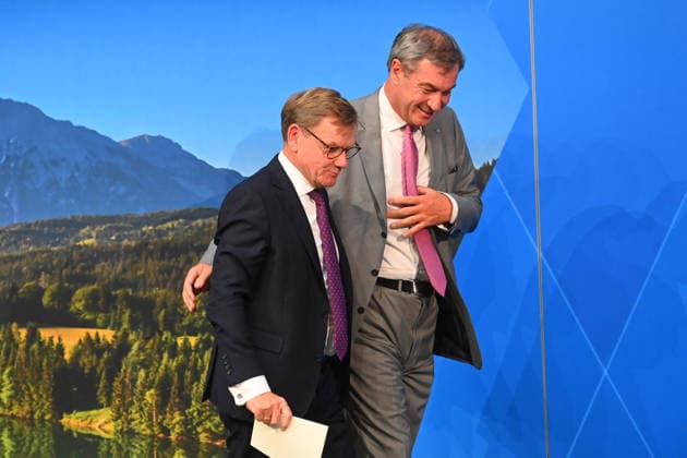 Markus SOEDER, Minister-President of Bavaria and CSU Chairman, and Johann Wadephul, Federal Minister of Foreign Affairs, at a press conference following a meeting of the Council of Ministers at the Prinz Carl Palais in Munich on September 15, 2026