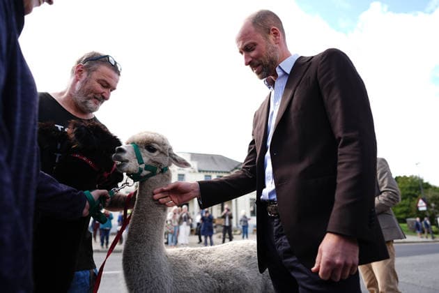 . 15 09 2026. Princetown, United Kingdom. Prince William, the Prince of Wales, meets an alpaca during a visit to Princetown in Dartmoor, United Kingdom, to launch the new Princetown Community Fund.  xPoolx xi-Imagesx IIM-27006-0024