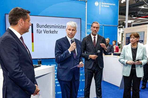 Opening of IAA Transportation 2026 with a tour of the exhibition; booth of the Federal Ministry of Transportation (from left to right): Olaf Lies (SPD), Steffen Bilger (CDU), Minister-President of Lower Saxony; Federal Minister of Transportation of the Federal Republic of Germany; Hildegard Müller, President of the German Association of the Automotive
