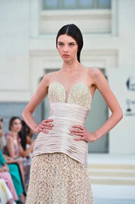 September 15, 2026, Madrid, Spain: A model parades with Hannibal Laguna design during Mercedes Benz Fashion Week Madrid Cibeles Palace in Madrid, 15 February of 2026 Spain Madrid Spain - ZUMAs197 20260915_aaa_s197_558 Copyright: xAtilanoxGarciax