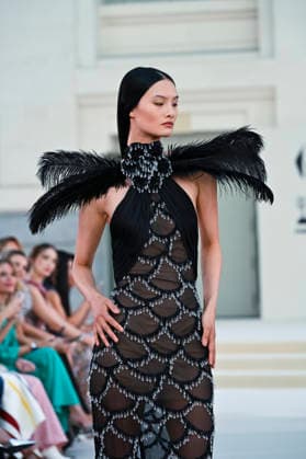 September 15, 2026, Madrid, Spain: A model parades with Hannibal Laguna design during Mercedes Benz Fashion Week Madrid Cibeles Palace in Madrid, 15 February of 2026 Spain Madrid Spain - ZUMAs197 20260915_aaa_s197_608 Copyright: xAtilanoxGarciax