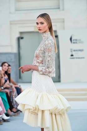 September 15, 2026, Madrid, Spain: A model parades with Hannibal Laguna design during Mercedes Benz Fashion Week Madrid Cibeles Palace in Madrid, 15 February of 2026 Spain Madrid Spain - ZUMAs197 20260915_aaa_s197_622 Copyright: xAtilanoxGarciax