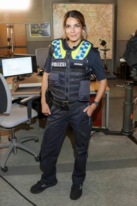 ABB HAFENKANTE Lilli Hollunder, actress in a police uniform, at a photo shoot to mark the premiere of the 20th anniversary season and the 500th episode of the ZDF TV series *Notruf Hafenkante* on the original set of PK 21 at Studio Hamburg on September 16, 2026 in Hamburg