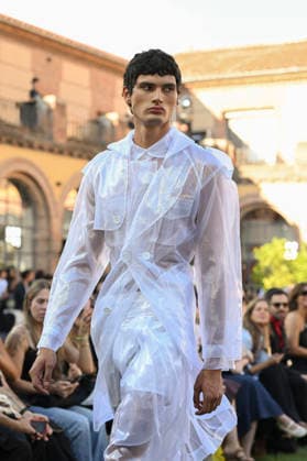 September 16, 2026, Madrid, Spain: A model parades with Acromatyx design during the Mercedes Benz Fashion Week Madrid at Cibeles Palace in Madrid. Madrid Spain  - ZUMAs197 20260916_aaa_s197_305 Copyright: xAtilanoxGarciax